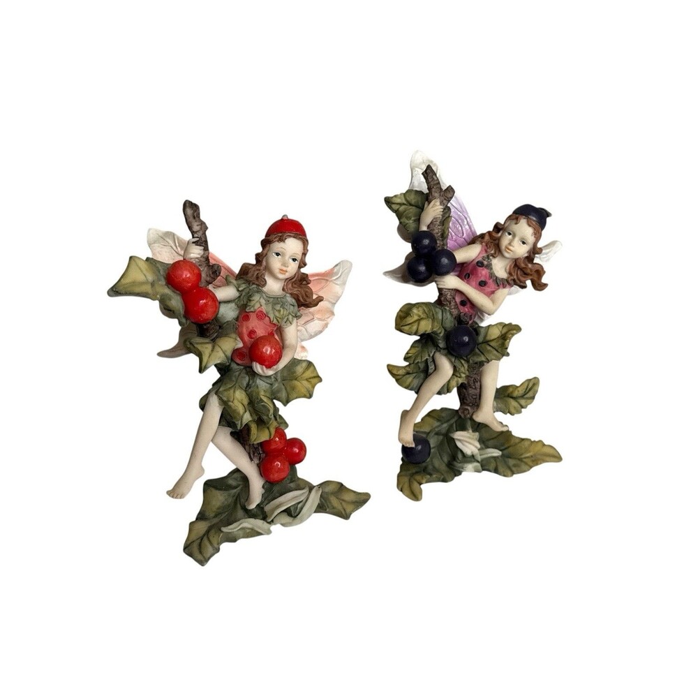 Set 2 Fairy Figurines Resin Garden Woodland Pixie Girl Grapes Berries Decor